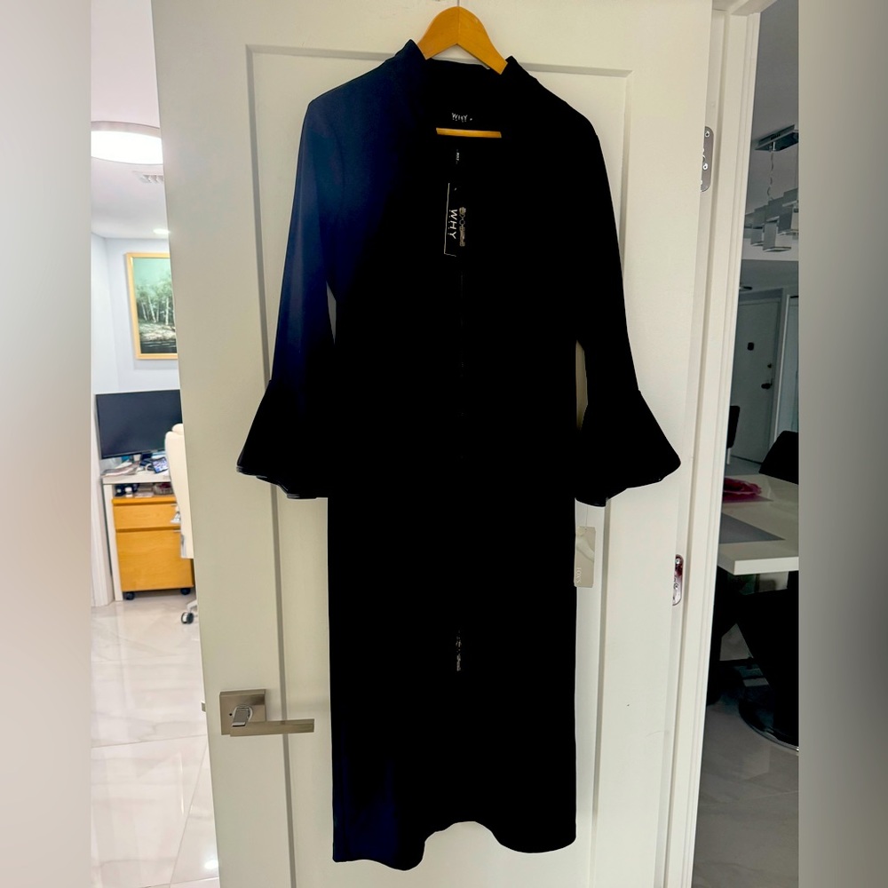 WHY DRESS. Midi, Black. Front zipper, bell sleeves. V-neck. Size M. New